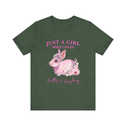 Rabbits & Raspberry Lover Tee, Cute Animal T-Shirt, Girl Who Loves Rabbit T-shirt, Gift for Bunny Lovers, Animal Lover Apparel, Floral Graphic Tee