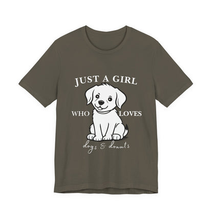 Just a Girl Who Loves Dogs & Donuts T-Shirt, Cute Pet Lover Tee, Gift for Dog Moms, Animal Lover Apparel, Perfect for Birthdays