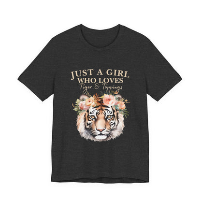 Just a Girl Who Loves Tiger Short Sleeve Tee, Animal Lover Shirt, Floral Graphic Tee, Casual Wear, Birthday Gift, Nature Enthusiast