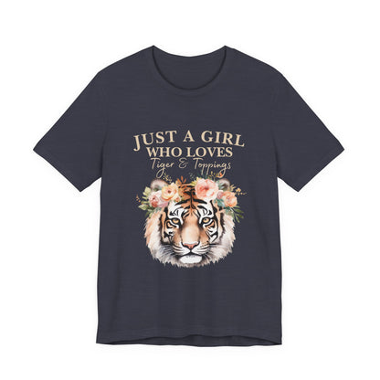 Just a Girl Who Loves Tiger Short Sleeve Tee, Animal Lover Shirt, Floral Graphic Tee, Casual Wear, Birthday Gift, Nature Enthusiast