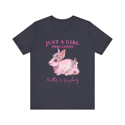 Rabbits & Raspberry Lover Tee, Cute Animal T-Shirt, Girl Who Loves Rabbit T-shirt, Gift for Bunny Lovers, Animal Lover Apparel, Floral Graphic Tee
