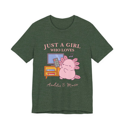 Cute Music Lover Tee, Just a Girl Who Loves, Gift for Her, Music Aesthetics, Anime Style T-shirt, Unique Graphic Tee, Axolotis T-shirt