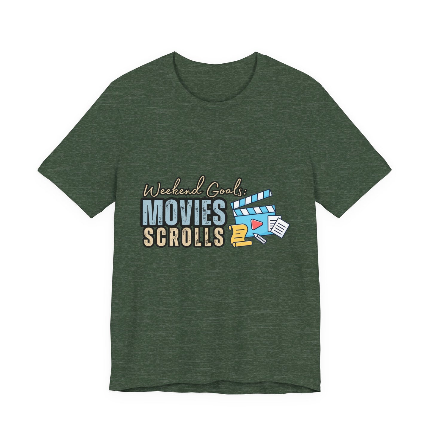 Weekend Vibes Movies Scrolls Tee - Unisex Jersey Short Sleeve Shirt for Movie Lovers, Casual Wear, Gifting, Relaxing Nights, Fun Movie [...]