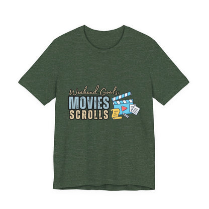 Weekend Vibes Movies Scrolls Tee - Unisex Jersey Short Sleeve Shirt for Movie Lovers, Casual Wear, Gifting, Relaxing Nights, Fun Movie [...]
