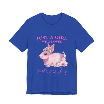 Rabbits & Raspberry Lover Tee, Cute Animal T-Shirt, Girl Who Loves Rabbit T-shirt, Gift for Bunny Lovers, Animal Lover Apparel, Floral Graphic Tee