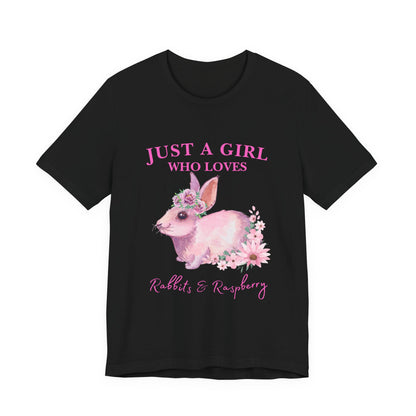 Rabbits & Raspberry Lover Tee, Cute Animal T-Shirt, Girl Who Loves Rabbit T-shirt, Gift for Bunny Lovers, Animal Lover Apparel, Floral Graphic Tee