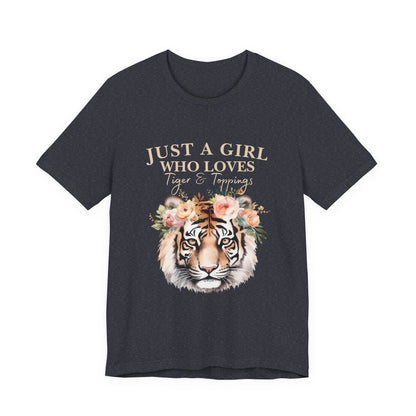 Just a Girl Who Loves Tiger Short Sleeve Tee, Animal Lover Shirt, Floral Graphic Tee, Casual Wear, Birthday Gift, Nature Enthusiast
