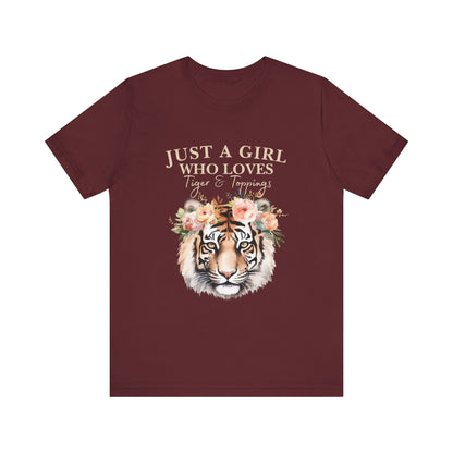 Just a Girl Who Loves Tiger Short Sleeve Tee, Animal Lover Shirt, Floral Graphic Tee, Casual Wear, Birthday Gift, Nature Enthusiast