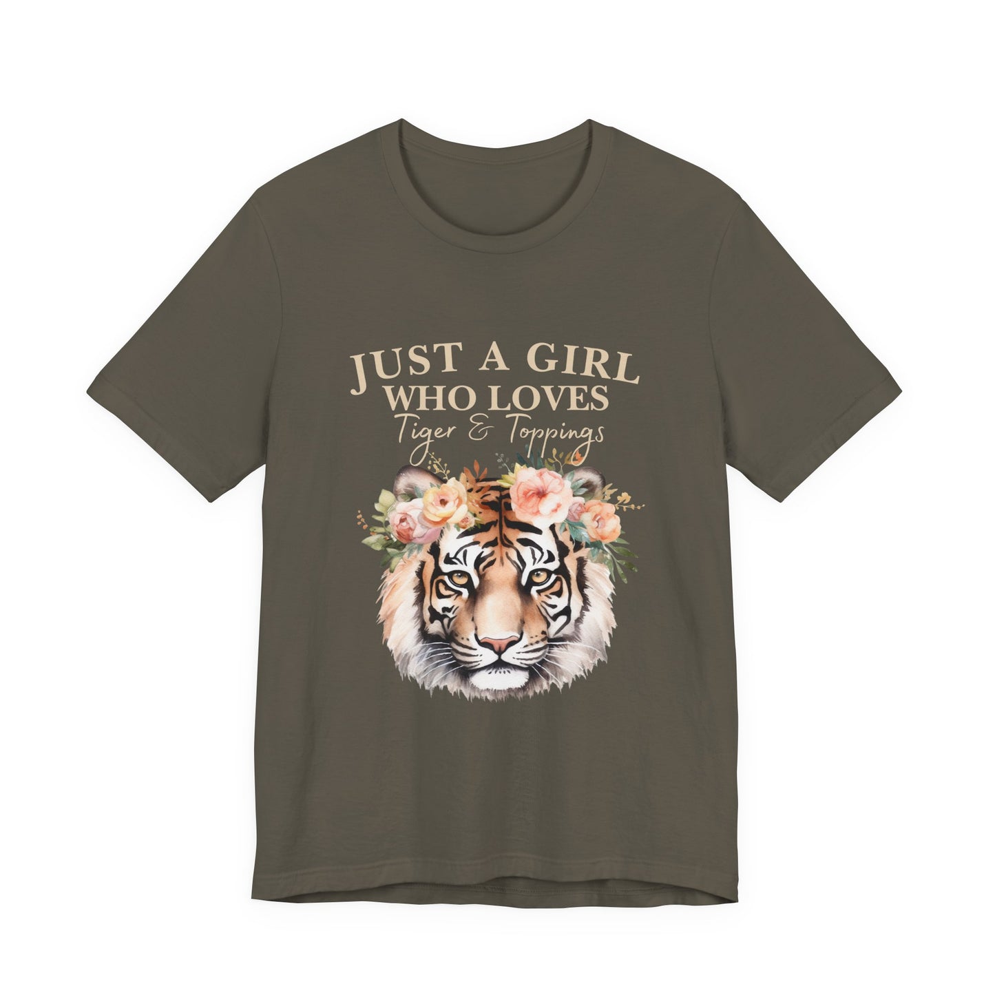 Just a Girl Who Loves Tiger Short Sleeve Tee, Animal Lover Shirt, Floral Graphic Tee, Casual Wear, Birthday Gift, Nature Enthusiast