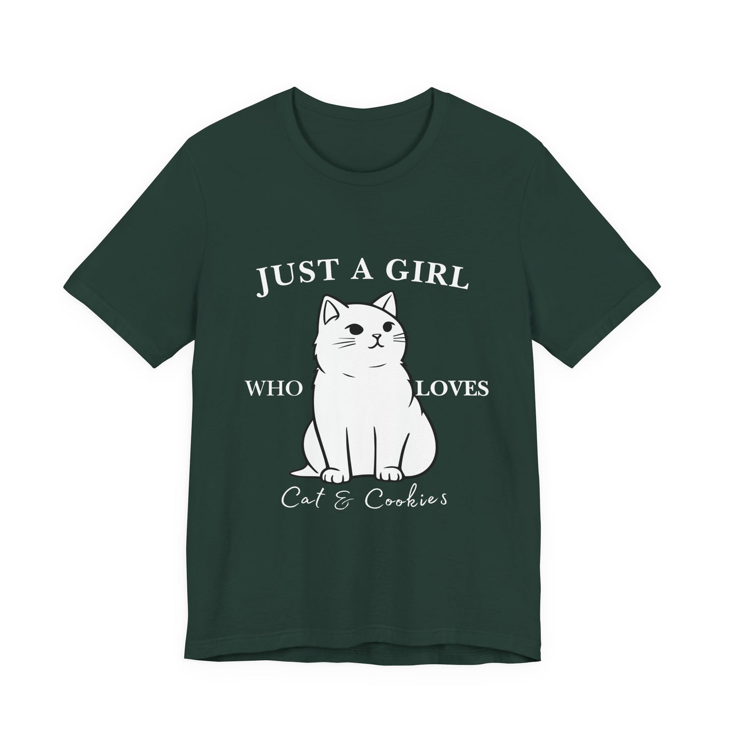 Cat Lover's Tee - 'Just a Girl Who Loves Cats & Cookies', Gift for Cat Mom, Cute Soft T-Shirt, Animal Lover Apparel, Birthday Gift