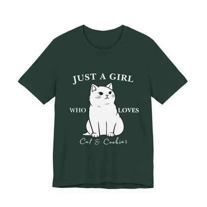 Cat Lover's Tee - 'Just a Girl Who Loves Cats & Cookies', Gift for Cat Mom, Cute Soft T-Shirt, Animal Lover Apparel, Birthday Gift