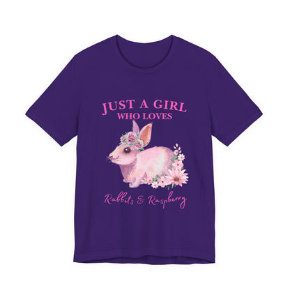 Rabbits & Raspberry Lover Tee, Cute Animal T-Shirt, Girl Who Loves Rabbit T-shirt, Gift for Bunny Lovers, Animal Lover Apparel, Floral Graphic Tee