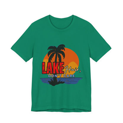 Lake Hair Don't Care Short Sleeve Tee, Summer T-Shirt, Vacation Shirt, Beachwear, Casual Outfit, Gift for Lake Lovers