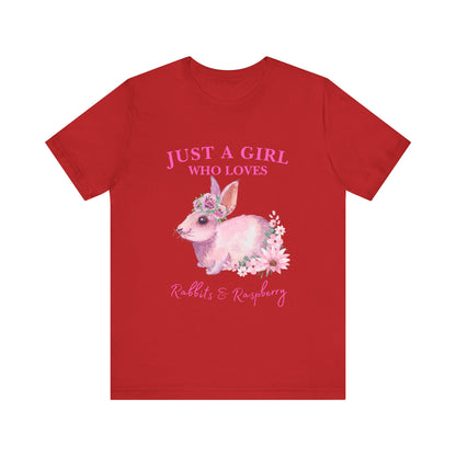 Rabbits & Raspberry Lover Tee, Cute Animal T-Shirt, Girl Who Loves Rabbit T-shirt, Gift for Bunny Lovers, Animal Lover Apparel, Floral Graphic Tee