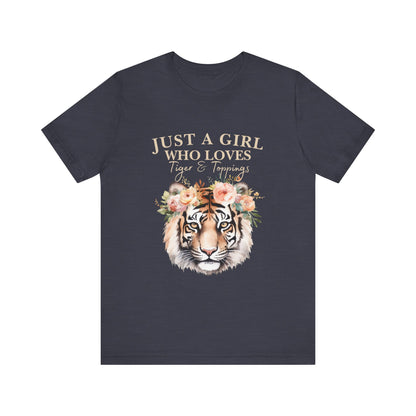 Just a Girl Who Loves Tiger Short Sleeve Tee, Animal Lover Shirt, Floral Graphic Tee, Casual Wear, Birthday Gift, Nature Enthusiast