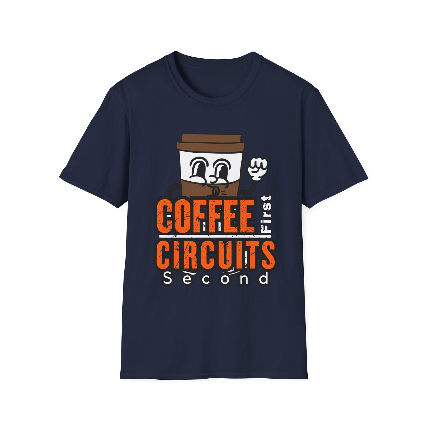 Coffee First Circuits Second Cartoon Unisex T-Shirt, Funny Coffee Tee, Gift for Engineers, Electrician T-shirt