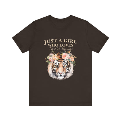 Just a Girl Who Loves Tiger Short Sleeve Tee, Animal Lover Shirt, Floral Graphic Tee, Casual Wear, Birthday Gift, Nature Enthusiast