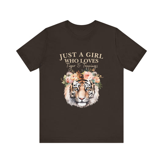 Just a Girl Who Loves Tiger Short Sleeve Tee, Animal Lover Shirt, Floral Graphic Tee, Casual Wear, Birthday Gift, Nature Enthusiast