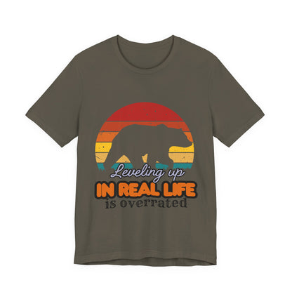Retro Bear Graphic Tee - 'Leveling Up in Real Life is Overrated', Casual Wear, Gifts for Nature Lovers, Outdoor Adventures, Everyday Style, Gamer Tee