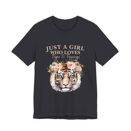 Just a Girl Who Loves Tiger Short Sleeve Tee, Animal Lover Shirt, Floral Graphic Tee, Casual Wear, Birthday Gift, Nature Enthusiast