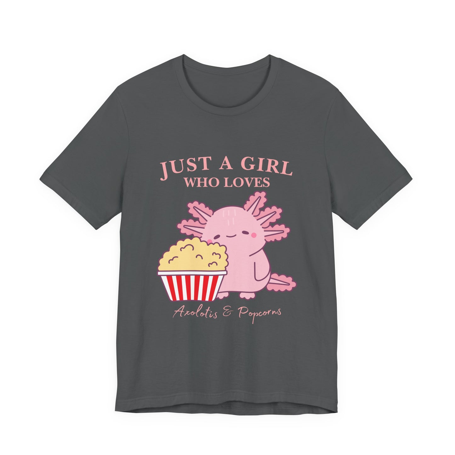 Cute Axolotl Love Popcorn Tee, Fun T-Shirt for Aquatic Lovers, Gift for Pet Lovers, Unique Animal Shirt, Casual Wear, Pop Culture Tee