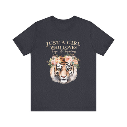 Just a Girl Who Loves Tiger Short Sleeve Tee, Animal Lover Shirt, Floral Graphic Tee, Casual Wear, Birthday Gift, Nature Enthusiast