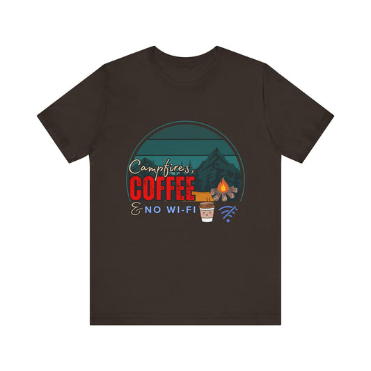 Camping Coffee Tee, Unisex Short Sleeve T-Shirt, Outdoor Adventure Shirt, Cozy Campfire Apparel, Gift for Nature Lovers