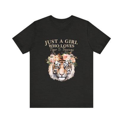 Just a Girl Who Loves Tiger Short Sleeve Tee, Animal Lover Shirt, Floral Graphic Tee, Casual Wear, Birthday Gift, Nature Enthusiast