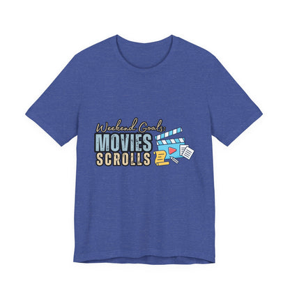 Weekend Vibes Movies Scrolls Tee - Unisex Jersey Short Sleeve Shirt for Movie Lovers, Casual Wear, Gifting, Relaxing Nights, Fun Movie [...]