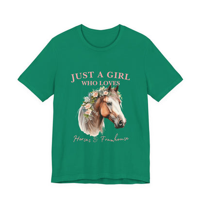 Just a Girl Who Loves Horses Jersey Tee | Equestrian Gift | Horse Lover T-Shirt | Floral Graphic Tee | Birthday Gift