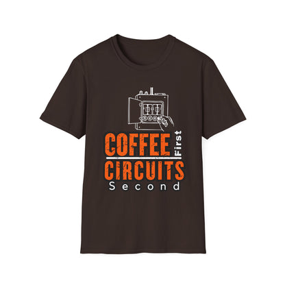 Coffee First Circuits Panel Second Unisex Softstyle T-Shirt | Electrician Shirt | Electrician T-Shirt | Electrician Gift