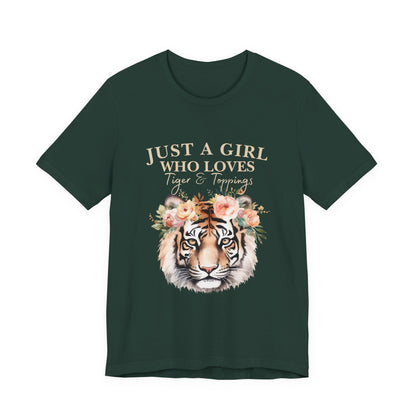 Just a Girl Who Loves Tiger Short Sleeve Tee, Animal Lover Shirt, Floral Graphic Tee, Casual Wear, Birthday Gift, Nature Enthusiast