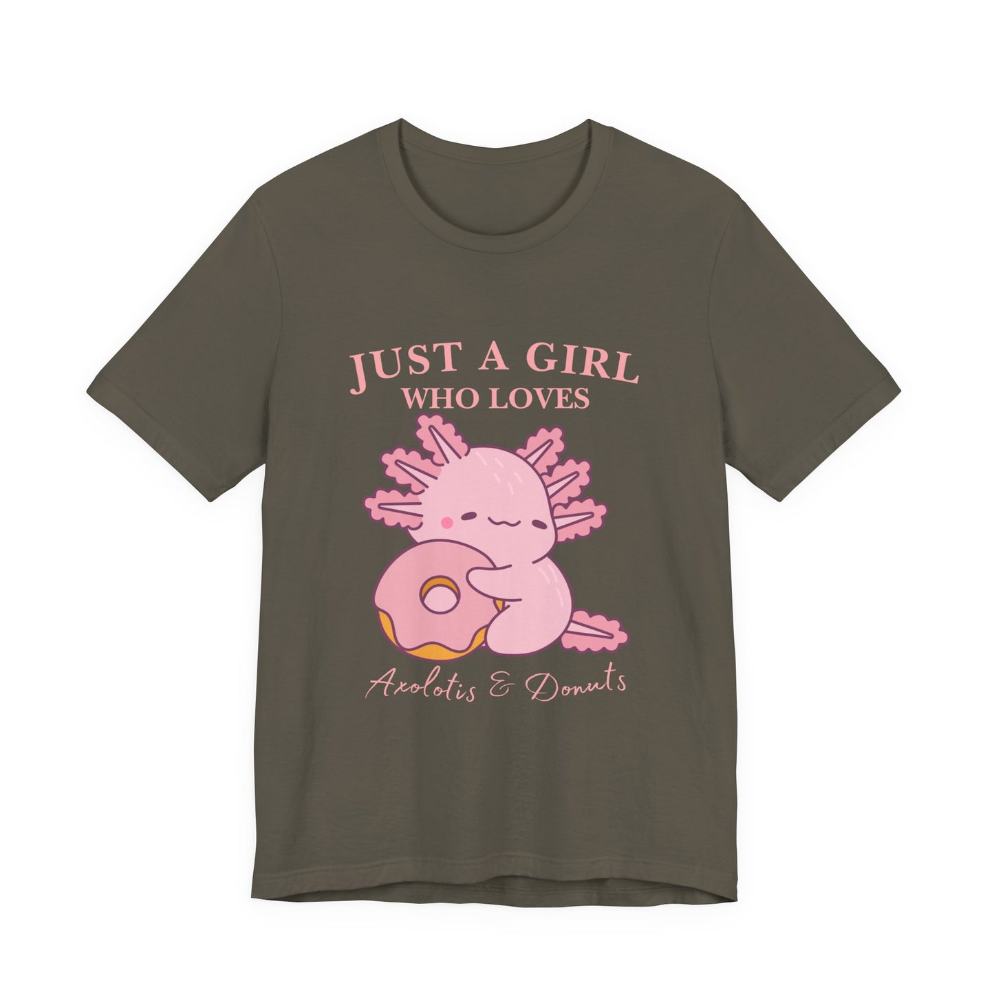 Just a Girl Who Loves Donuts Tee, Cute Graphic T-Shirt, Foodie Gift, Unisex Short Sleeve Shirt, Doughnut Lover Apparel, Fun Casual Wear, Axolotis Tee