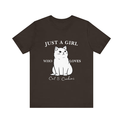 Cat Lover's Tee - 'Just a Girl Who Loves Cats & Cookies', Gift for Cat Mom, Cute Soft T-Shirt, Animal Lover Apparel, Birthday Gift