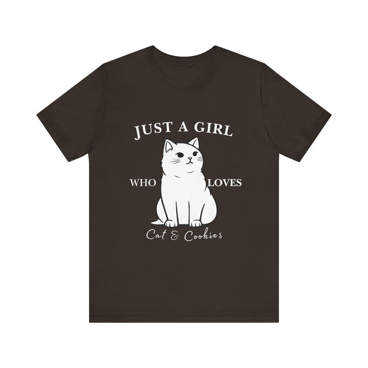 Cat Lover's Tee - 'Just a Girl Who Loves Cats & Cookies', Gift for Cat Mom, Cute Soft T-Shirt, Animal Lover Apparel, Birthday Gift