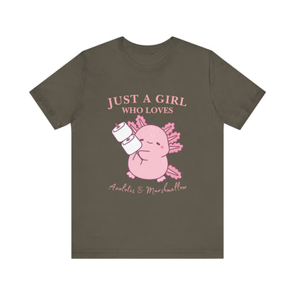 Just a Girl Who Loves Axolotls Tee, Cute Graphic T-Shirt, Unisex Casual Wear, Animal Lovers Gift, Birthday Present, Axolotis and Marshmellow