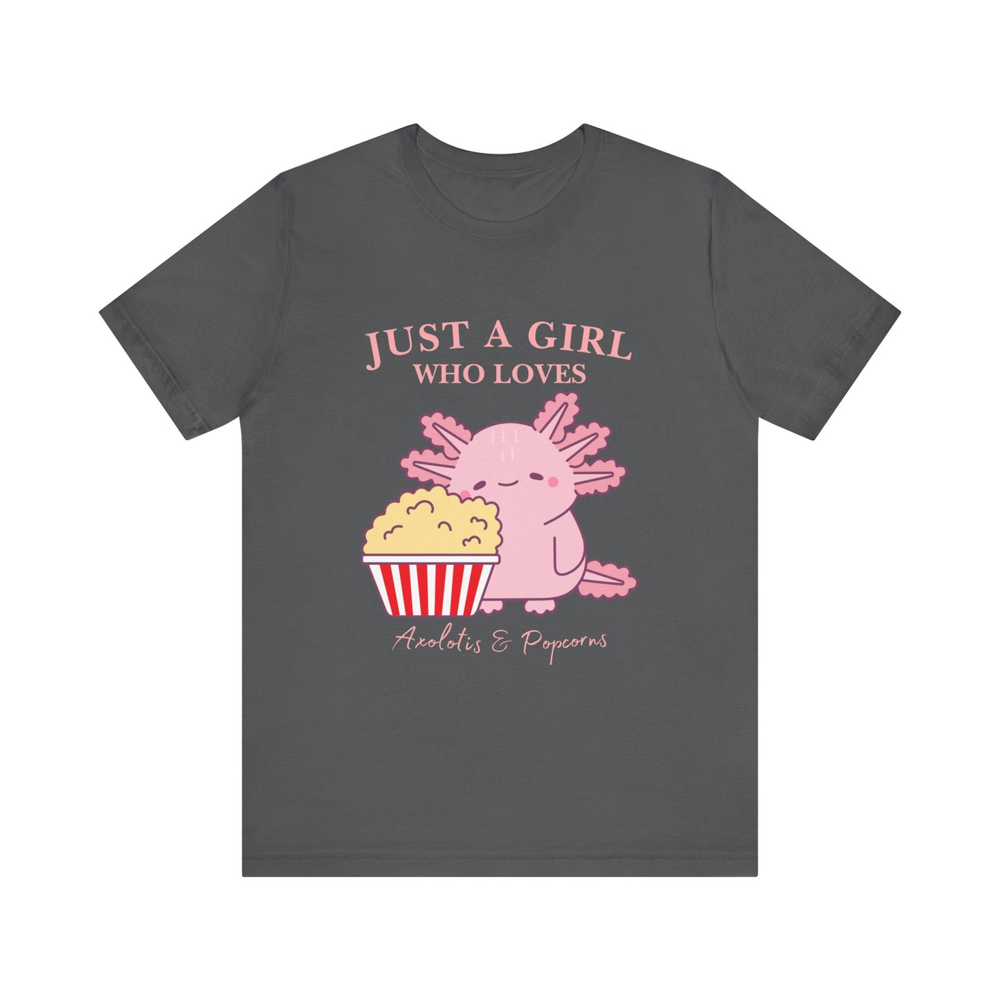 Cute Axolotl Love Popcorn Tee, Fun T-Shirt for Aquatic Lovers, Gift for Pet Lovers, Unique Animal Shirt, Casual Wear, Pop Culture Tee