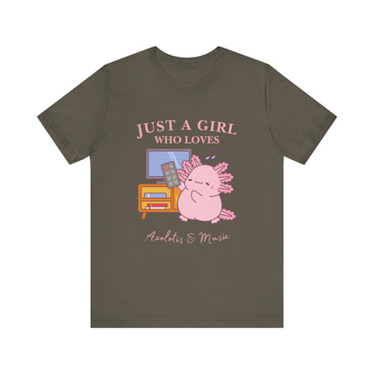 Cute Music Lover Tee, Just a Girl Who Loves, Gift for Her, Music Aesthetics, Anime Style T-shirt, Unique Graphic Tee, Axolotis T-shirt
