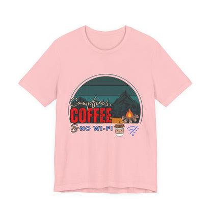Camping Coffee Tee, Unisex Short Sleeve T-Shirt, Outdoor Adventure Shirt, Cozy Campfire Apparel, Gift for Nature Lovers
