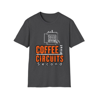 Coffee First Circuits Panel Second Unisex Softstyle T-Shirt | Electrician Shirt | Electrician T-Shirt | Electrician Gift
