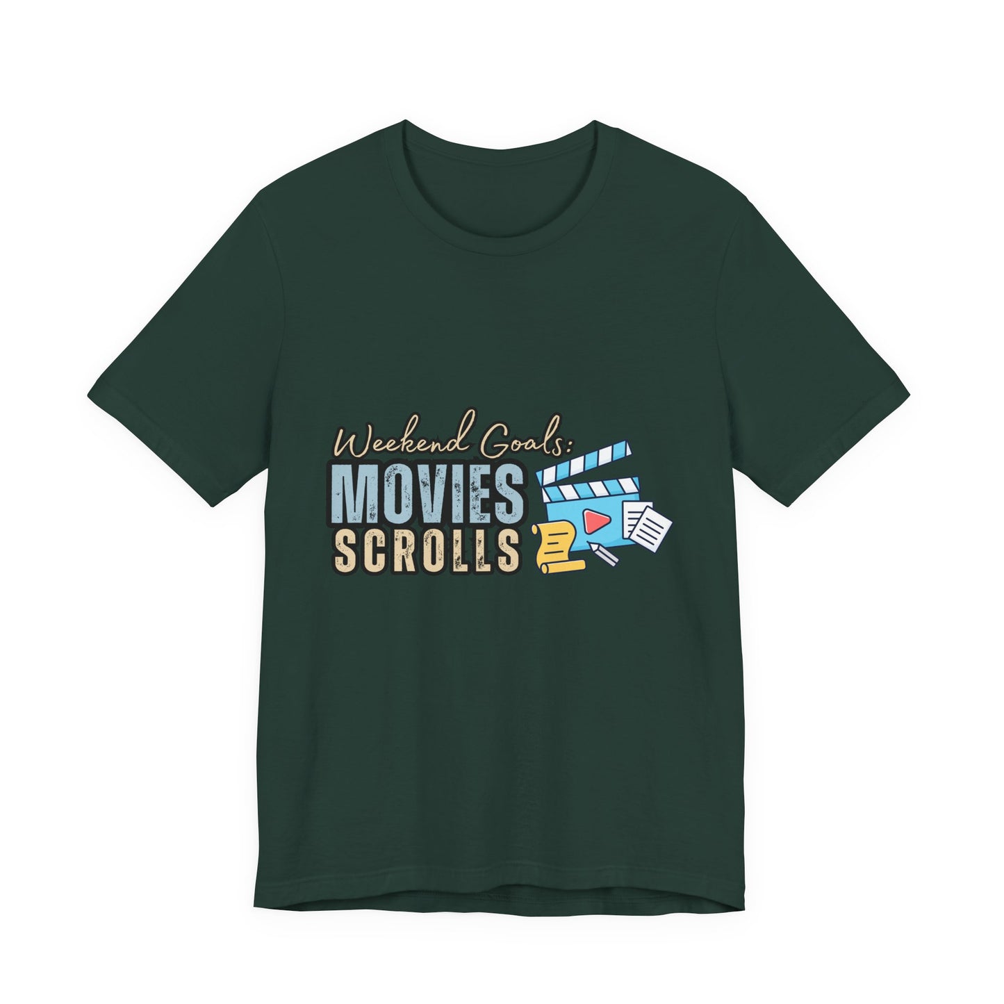 Weekend Vibes Movies Scrolls Tee - Unisex Jersey Short Sleeve Shirt for Movie Lovers, Casual Wear, Gifting, Relaxing Nights, Fun Movie [...]
