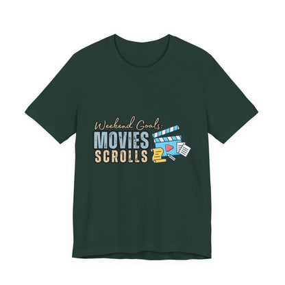 Weekend Vibes Movies Scrolls Tee - Unisex Jersey Short Sleeve Shirt for Movie Lovers, Casual Wear, Gifting, Relaxing Nights, Fun Movie [...]