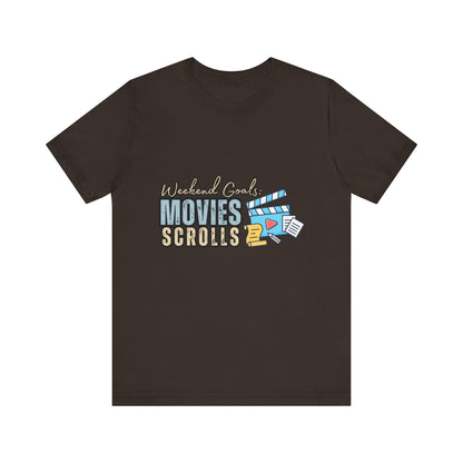 Weekend Vibes Movies Scrolls Tee - Unisex Jersey Short Sleeve Shirt for Movie Lovers, Casual Wear, Gifting, Relaxing Nights, Fun Movie [...]