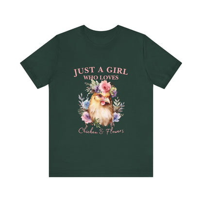 Just a Girl Who Loves Chickens Tee, Funny Farm Animal Shirt, Floral Graphic Tee, Gift for Chicken Lovers, Farmhouse Fashion