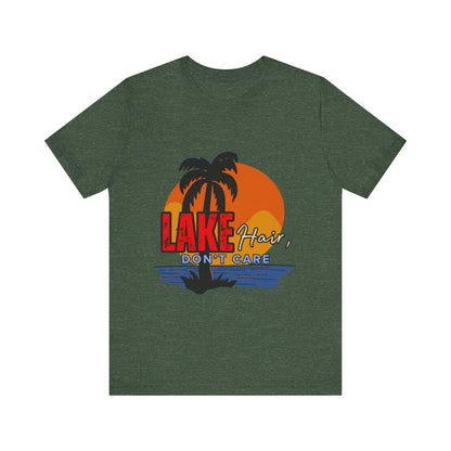 Lake Hair Don't Care Short Sleeve Tee, Summer T-Shirt, Vacation Shirt, Beachwear, Casual Outfit, Gift for Lake Lovers