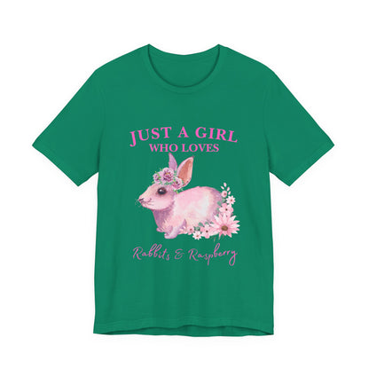Rabbits & Raspberry Lover Tee, Cute Animal T-Shirt, Girl Who Loves Rabbit T-shirt, Gift for Bunny Lovers, Animal Lover Apparel, Floral Graphic Tee