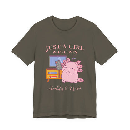 Cute Music Lover Tee, Just a Girl Who Loves, Gift for Her, Music Aesthetics, Anime Style T-shirt, Unique Graphic Tee, Axolotis T-shirt