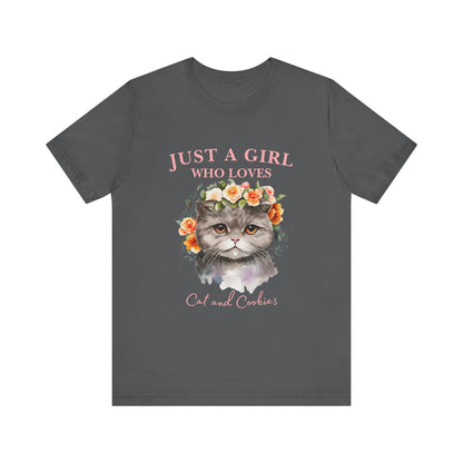 Just a Girl Who Loves Cats and Cookies Tee - Cute Cat Lover Shirt, Gift for Cat Moms, Funny Pet Apparel, Birthday Gift, Relaxed Fit T-Shirt