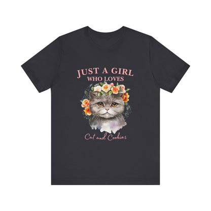 Just a Girl Who Loves Cats and Cookies Tee - Cute Cat Lover Shirt, Gift for Cat Moms, Funny Pet Apparel, Birthday Gift, Relaxed Fit T-Shirt