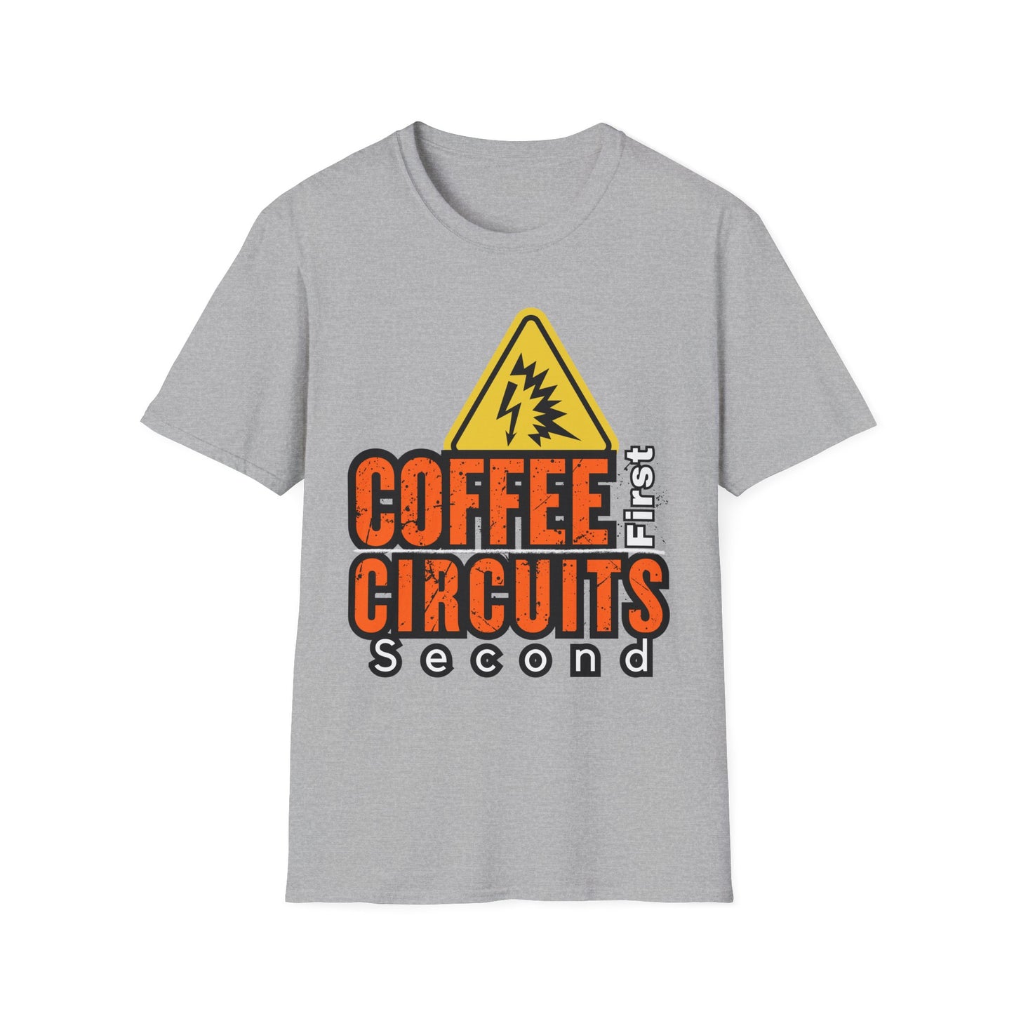 Coffee First Circuits Second Unisex T-Shirt, Funny Gift for Engineers, Electrician Tee, Tech Lover Apparel, Casual Wear, Birthday Gift